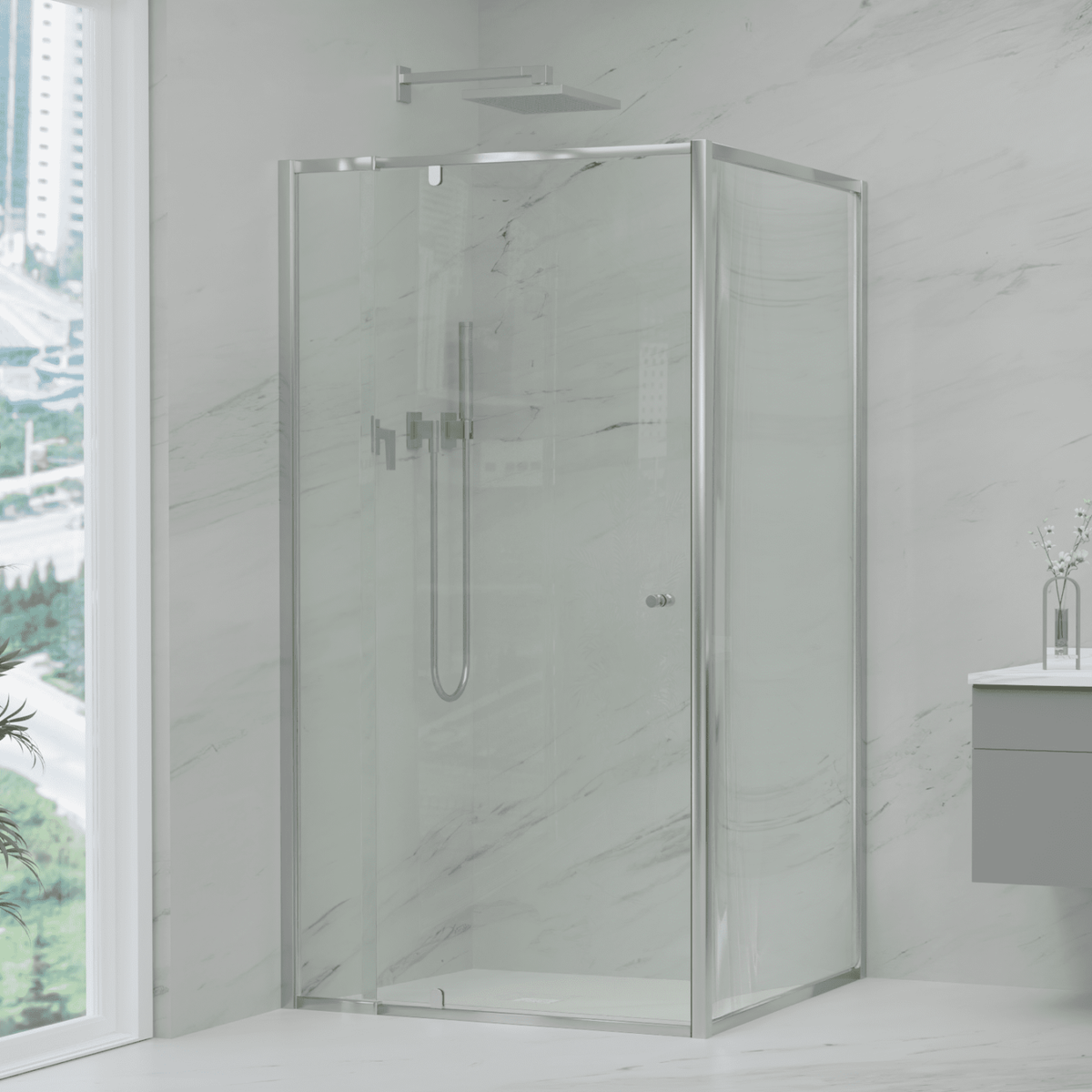 Semi Frameless Pivot Door Shower Screen Matte Black Front Panel