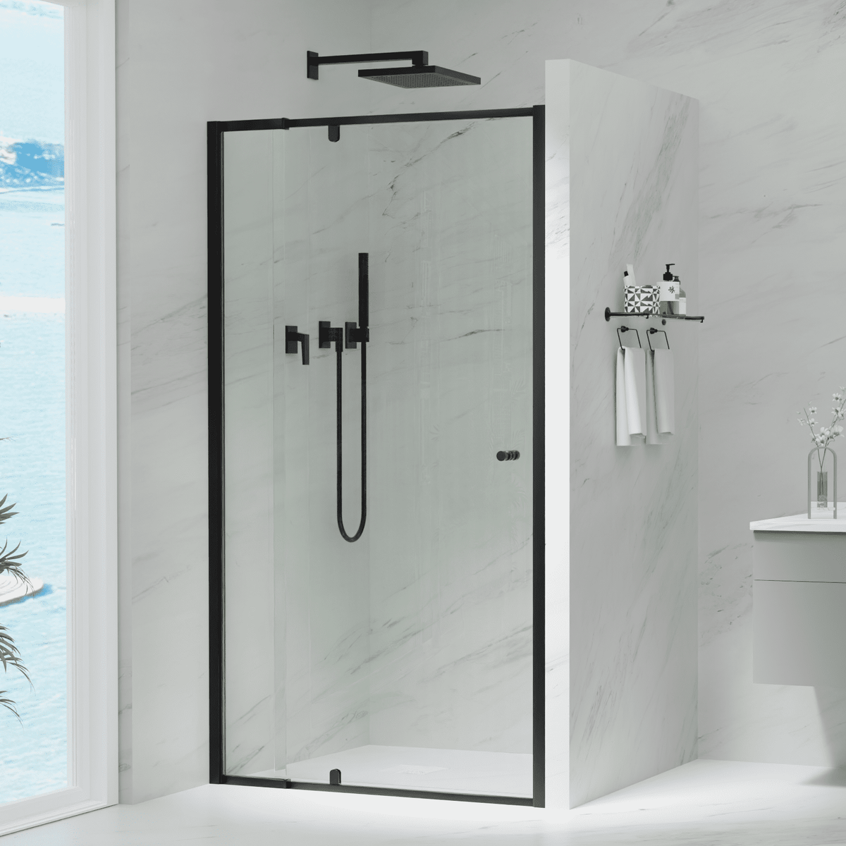 Semi Frameless Pivot Door Shower Screen - Matte Black - FRONT PANEL ...