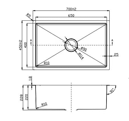 700*450*220 Handmade Stainless Steel Under/Topmount Kitchen Laundry Single Sink / 44HF7045