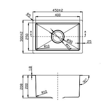 450*300*200 Handmade Stainless Steel Under/Topmount Kitchen Laundry Single Sink / 44HF3045