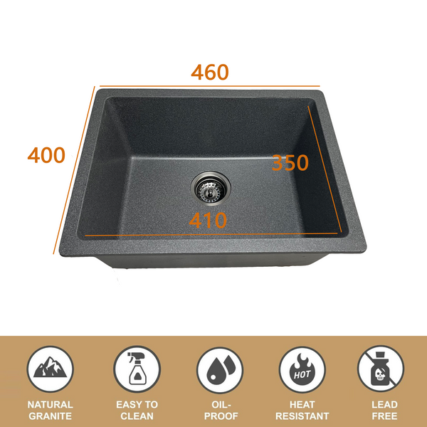 460*400*250 Kitchen Sink Laundry Dark Grey Granite Stone Sinks Single Bowl Basin