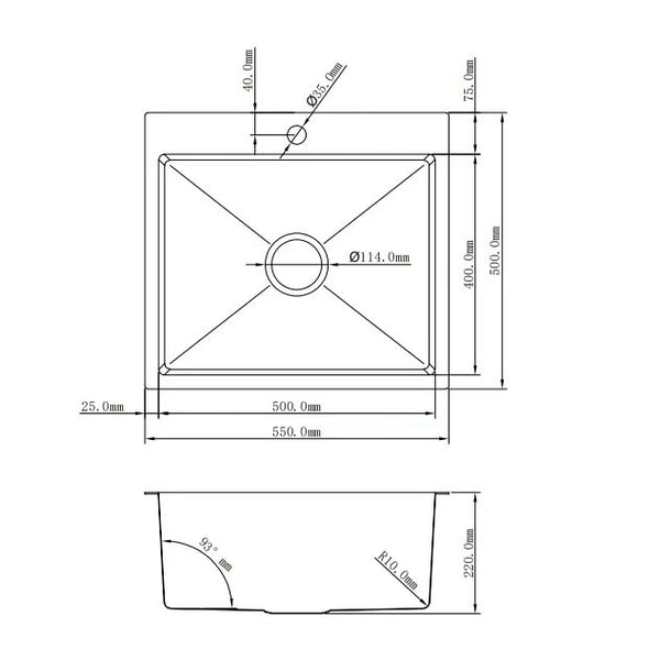 550*500*220 Tape Whole Handmade Stainless Steel Under/Topmount Kitchen Laundry Single Sink 44HF5550T