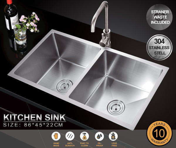 860*450*220 Handmade Stainless Steel Under/Topmount Kitchen Laundry Double Sink / 44HF8645