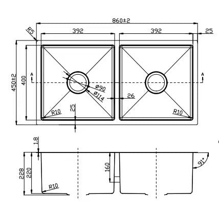 860*450*220 Handmade Stainless Steel Under/Topmount Kitchen Laundry Double Sink / 44HF8645