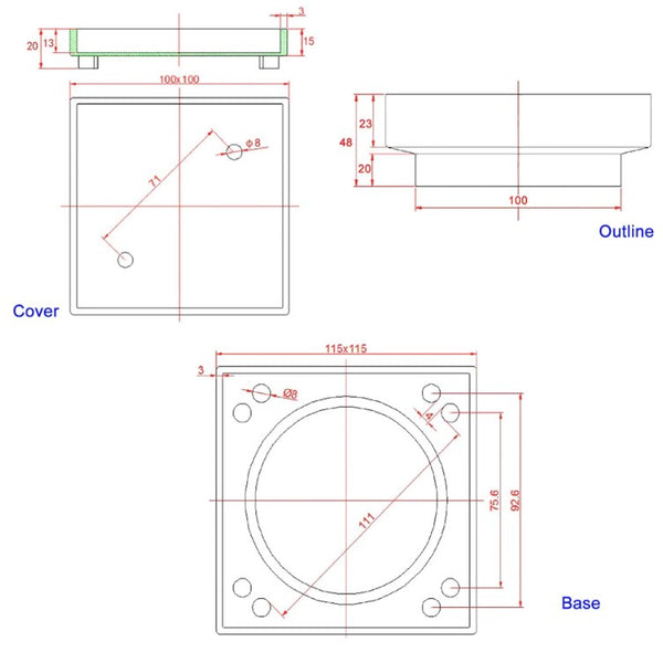 Square Brass Tile Insert Floor Waste Shower Grate Drain 42-CH0005.FD