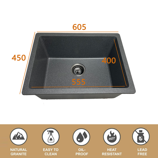 605*450*250 Kitchen Sink Laundry Dark Grey Granite Stone Sinks Single Bowl Basin